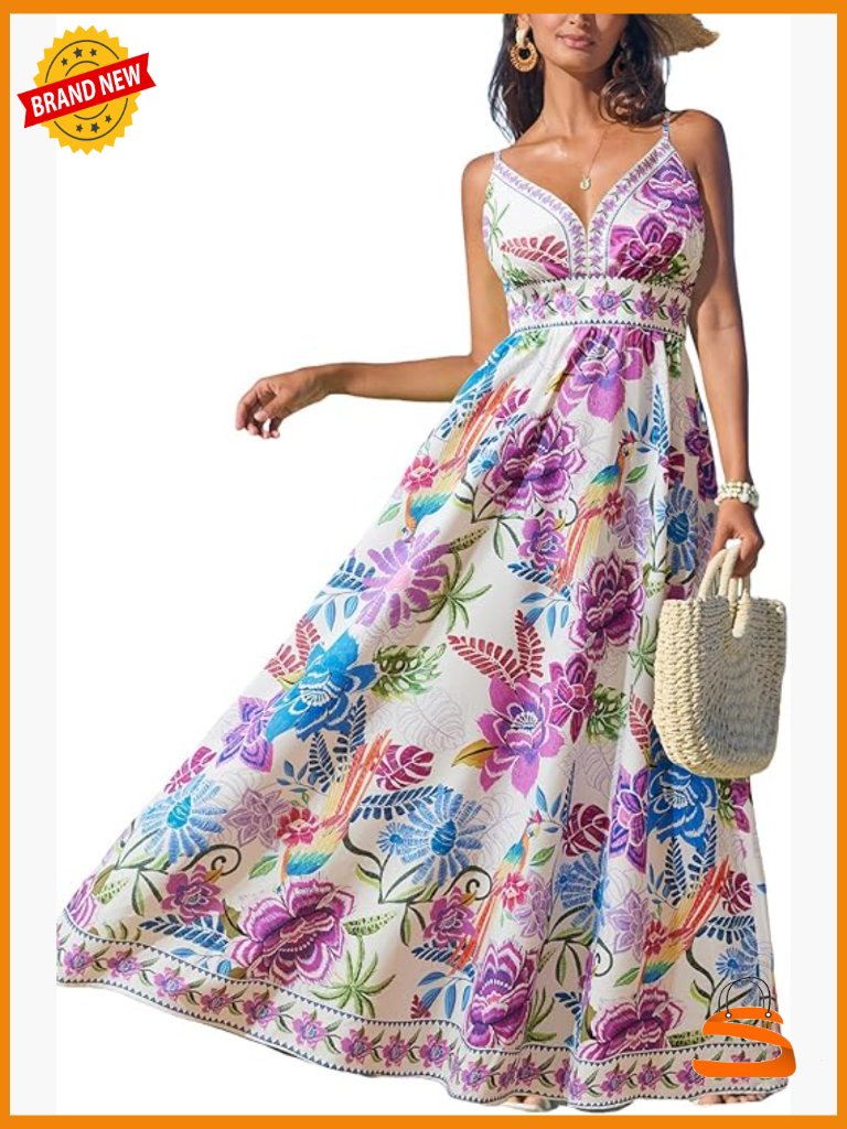 Sleeveless V-Neck Floral Maxi Dress With Spaghetti Straps For Beach